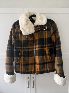 H&M Plaid Faux Shearling Aviator Jacket Coat Size S